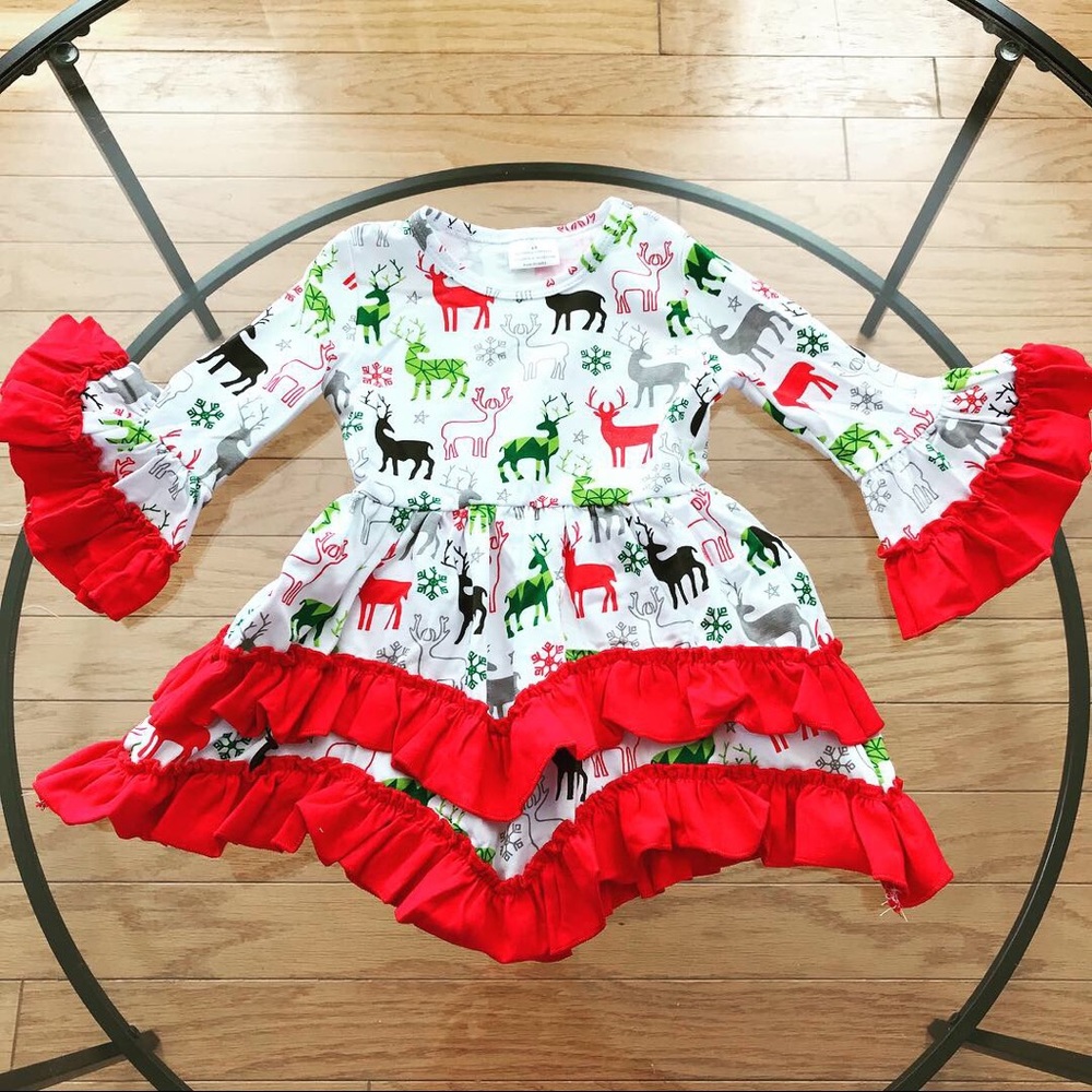 Reindeer Holiday Dress With Ruffles - Picture 3 of 6